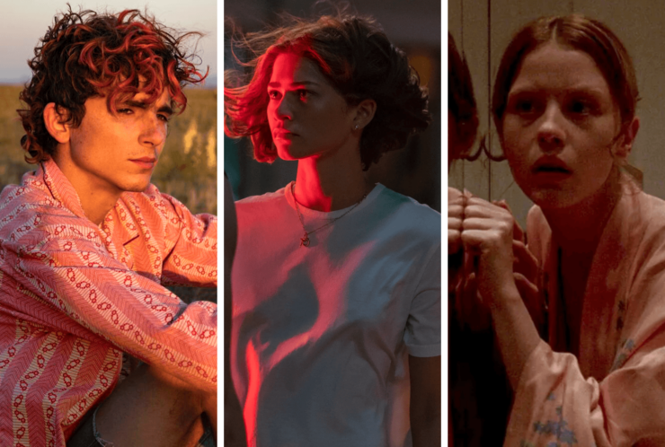Close-ups of three characters from three of director Luca Guadagnino’s films: Bones and All, Challenger, and Suspira
