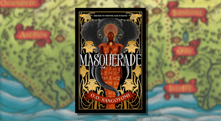 Book cover of O.O. Sangoyomi's Masquerade against a background of map art from the novel