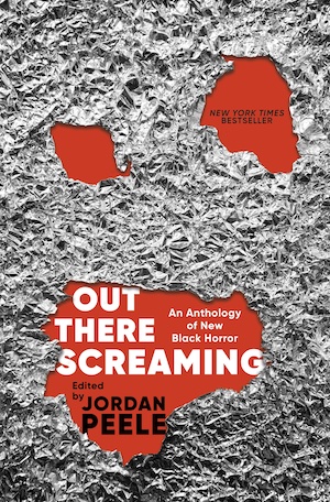 Cover of Out There Screaming, showing a crinkled aluminum surface with three holes roughly shaped like eyes and a mouth, revealing a red surface underneath.