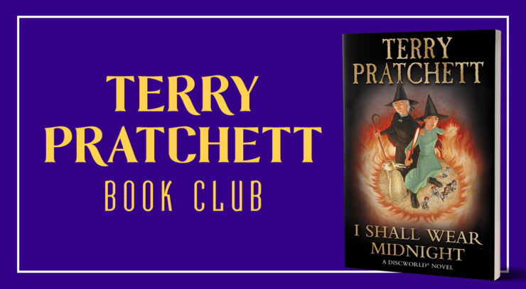 Terry Pratchett Book Club Header, with the cover of I Shall Wear Midnight showing two witches, a rabbit, and some tiny people in a circle of fire against a dark background.