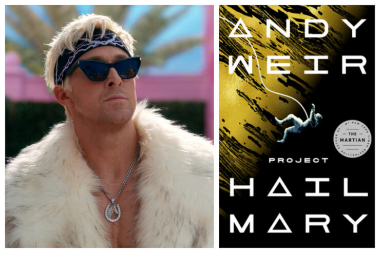 Ryan Gosling as Ken in Barbie and cover of Project Hail Mary by Andy Weir