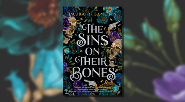 Cover of The Sins on Their Bones, showing flowers, guns, skulls, keys and bullets against a black background.