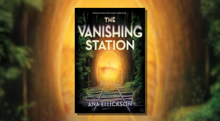 Cover of The Vanishing Station, depicting a golden tunnel surrounded by woods, with train tracks leading over water to a bridge.
