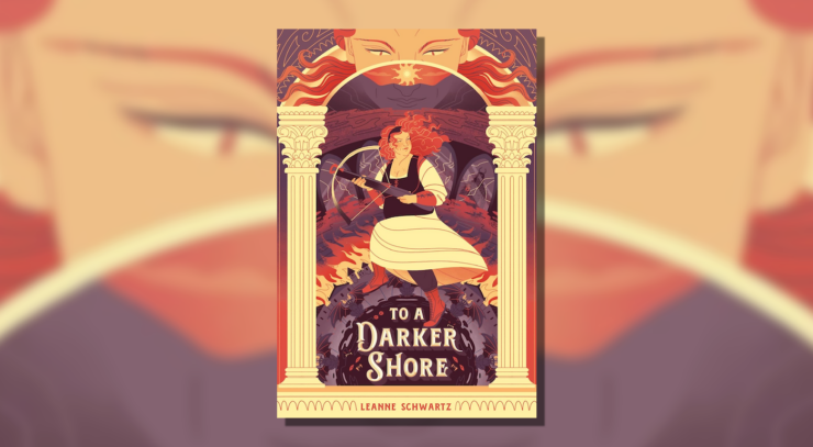 Cover of To a Darker Shore, showing a woman with red hair, holding a crossbow, standing between two pillars, surrounded by bats and flames. Another woman with red hair looks over the scene.