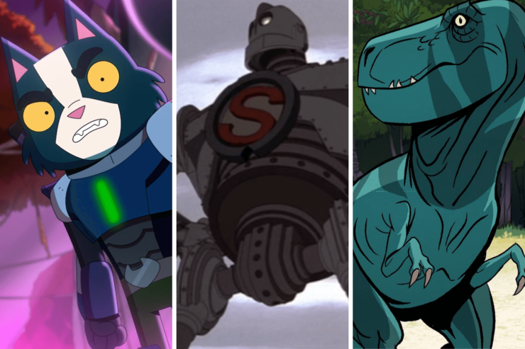 Images of three animated SFF characters: Avocato from Final Space; the Iron Giant; and Fang from Primal