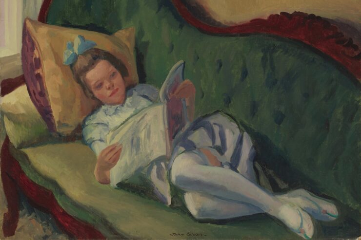 Painting of a young girl reading while reclined on a sofa