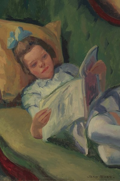 Painting of a young girl reading while reclined on a sofa