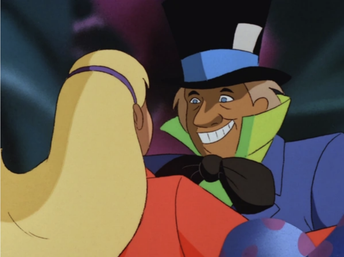 Still from Batman: The Animated Series "Mad as a Hatter" in which the Hatter dances with Alice