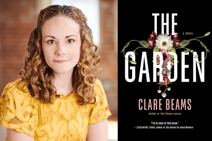 author Clare Beams and the cover of her recent novel The Garden