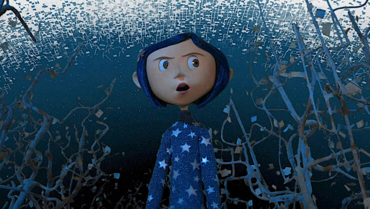 Coraline wears a star-patterned sweater in a scene from Coraline