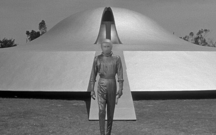 Klaatu (Michael Rennie) emerges from a spaceship in a scene from The Day the Earth Stood Still (1951)