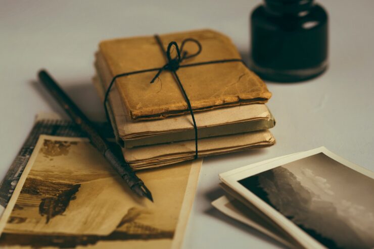 Photograph of a bundle of old, sepia-tinted notebooks alongside several black and white photos, an inkwell, and pen