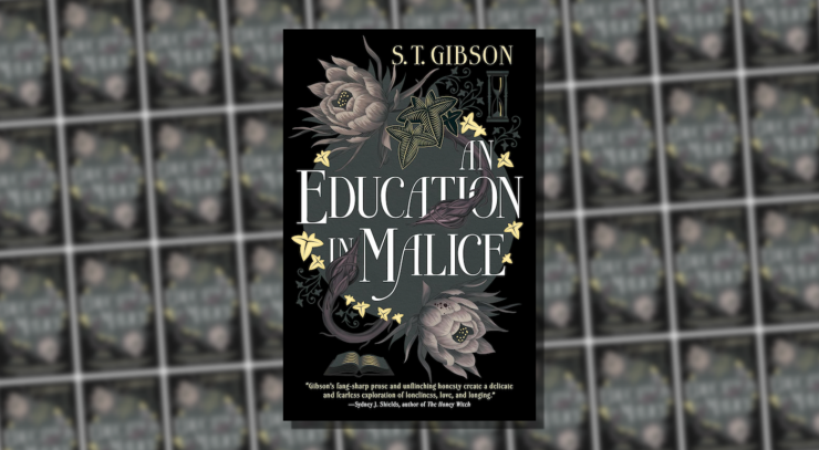Cover of An Education in Malice, showing a greyish circle currounded by leaves and plants, an open book, and an hourglass, all against a black ground.