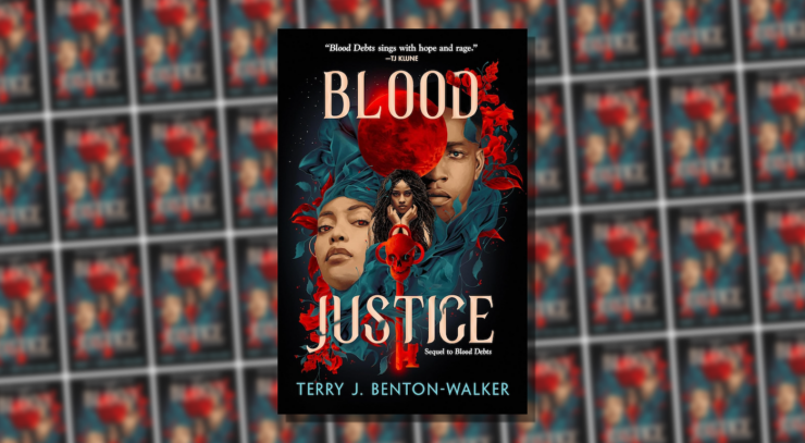 Cover of Blood Justice, showing three faces, one with red eyes, a red key with a skeleton head, and a red moon, all against a blue and red background