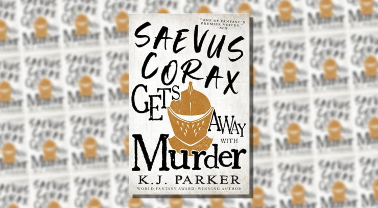 Cover of Saevus Corax Gets Away With Murder, showing a brown helmet against a grey-white background