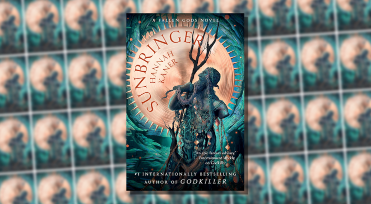Cover of Sunbringer, showing a one-armed, blue-greenish bearded figure holding a trident made from a branch, standing against a gold-colored wheel-like object with a spiked rim.