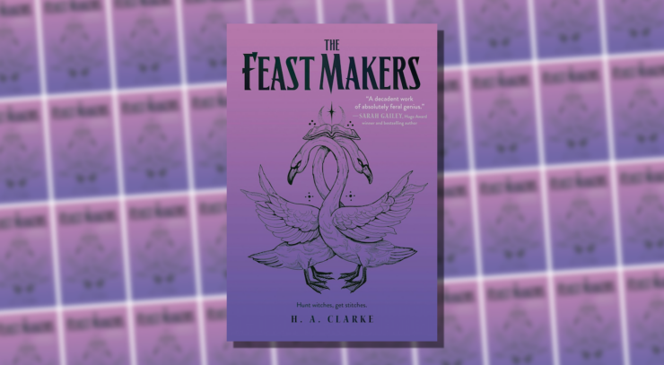 Cover of The Feastmakers, depicting two swans with necks intertwined and a book resting on their necks, against a purple background.
