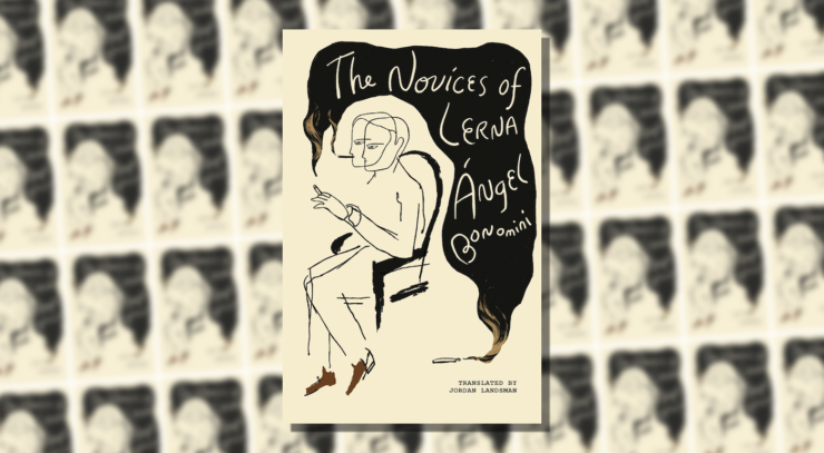 cover of The Novices of Lerna by Ángel Bonomini, showing a line drawing of a man sitting on a chair, smoking a cigarette, holding a second cigarette. A third cigarette lies on the ground smoking; the title of the novel is written in its smoke.