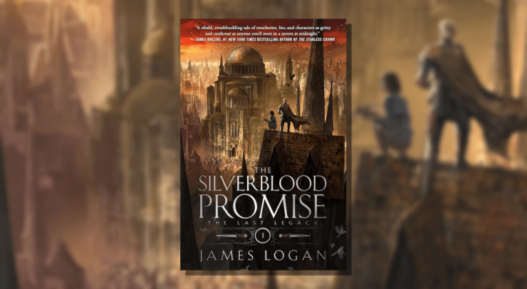 Cover of The Silverblood Promise, showing a cityscape with a crowd gathered in front of a large building, with two figures observing from a roof, one of them holding a crossbow