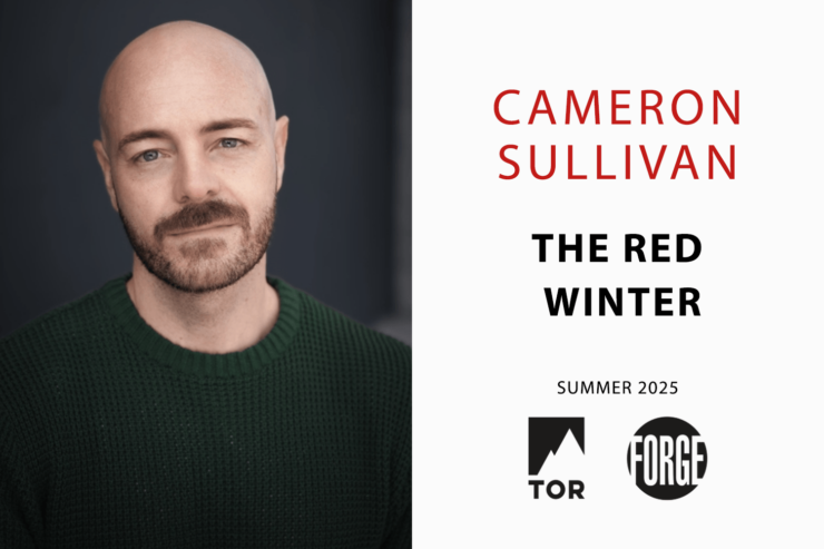 author Cameron Sullivan and the text "Cameron Sullivan / The Red Winter / Summer 2025 Tor + Forge"