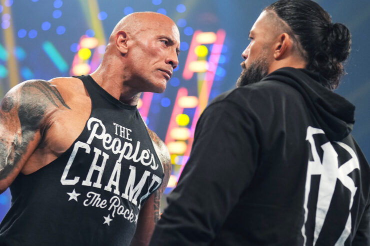 The Rock confronts Roman Reigns in a segment from Road to Wrestlemania: Smackdown