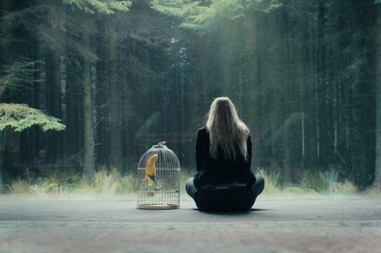 Dakota Fanning in The Watchers, sitting with her back to the camera, birdcage with bird sitting next to her on the ground
