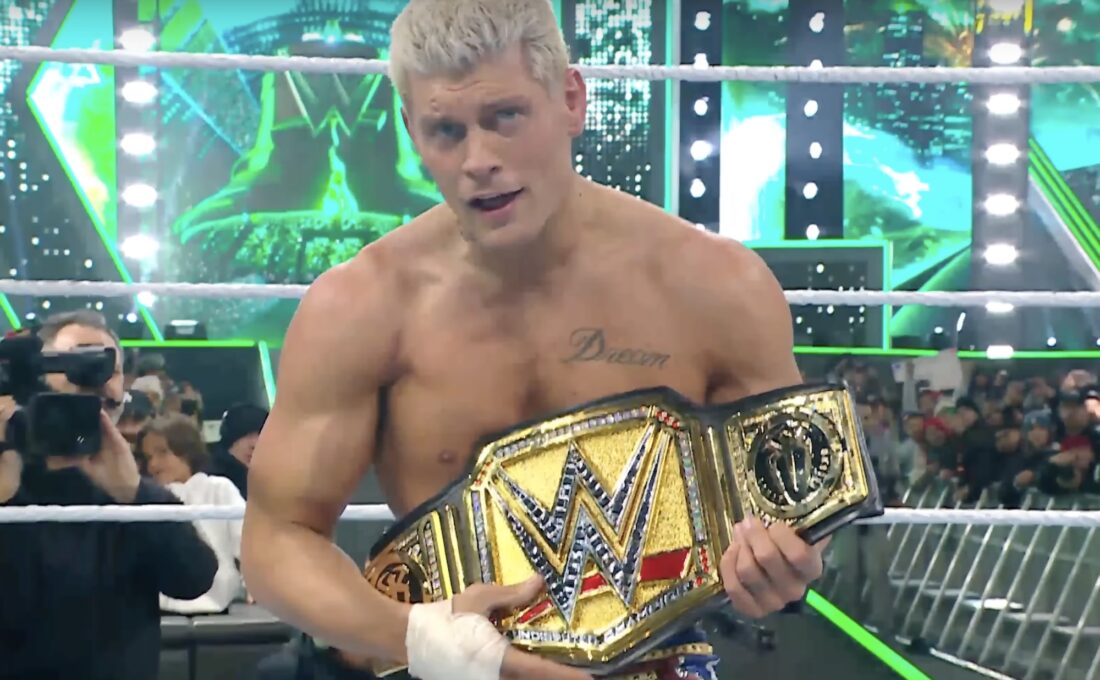 Cody Rhodes with the champion belt after Wrestlemania