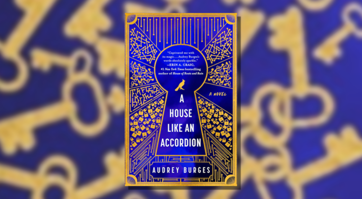 Cover of A House Like an Accordion, showing a golden keyhole against a blue background. A small golden bird is inside the keyhole; surrounding it are golden patterns of locks and keys.