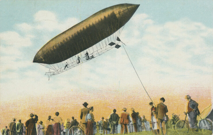 Illustration of an airship with three passengers aboard flying above a crowd of people. (From a postcard commemorating the Toledo airship's first successful flight, 1908)