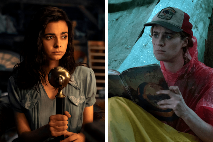 Side by side images of Marie-Laure (Aria Mia Loberti) in All the Light We Cannot See and Kristen (Mackenzie Davis) in Station Eleven