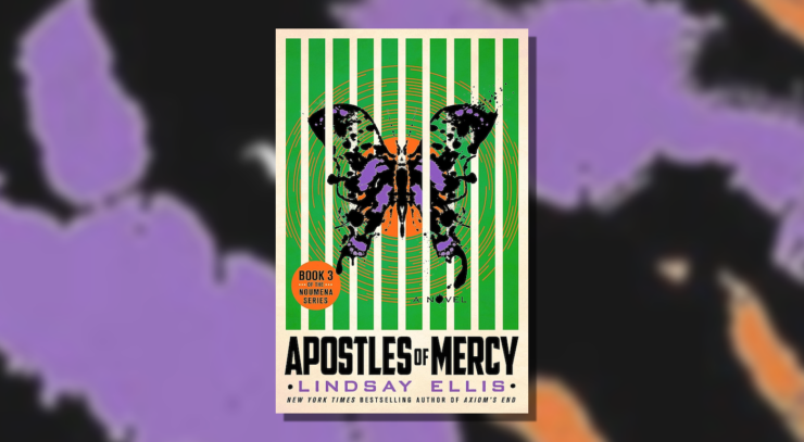Cover of Apostles of Mercy by Lindsay Ellis, showing a moth or butterfly made of black, orange and purple random shapes, against a background with vertical green and white stripes.