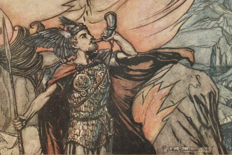 Illustration depicting a scene in Richard Wagner's The Ring of the Nibelung. A man in armor and a winged helmet blows a curved horn.