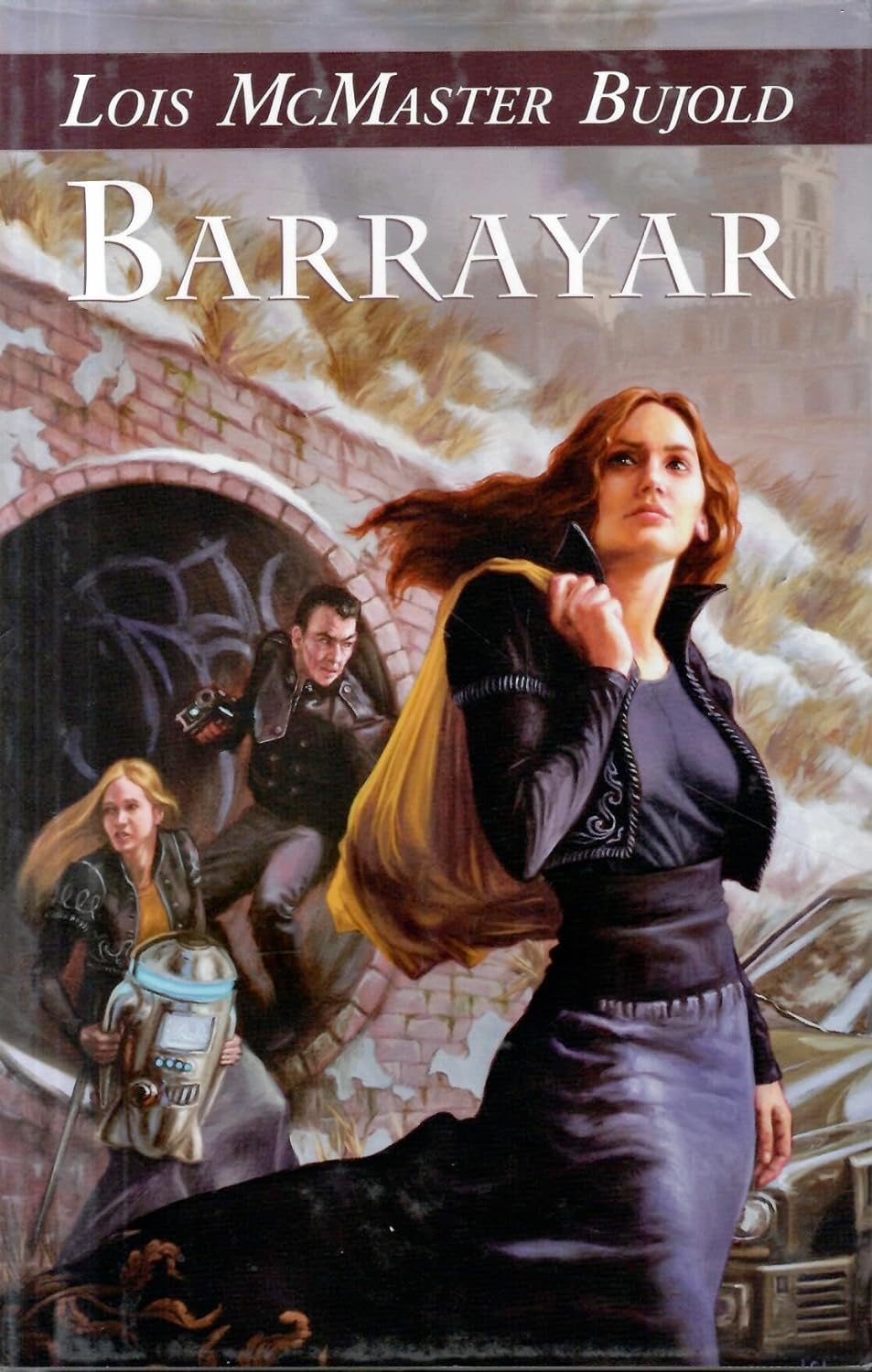 Cover of Barrayar by Lois McMaster Bujold, showing Bothari and Droushnakovi coming out of a tunnel carrying a uterine replicator, and Cordelia in the foreground carrying something in a bag over her shoulder.
