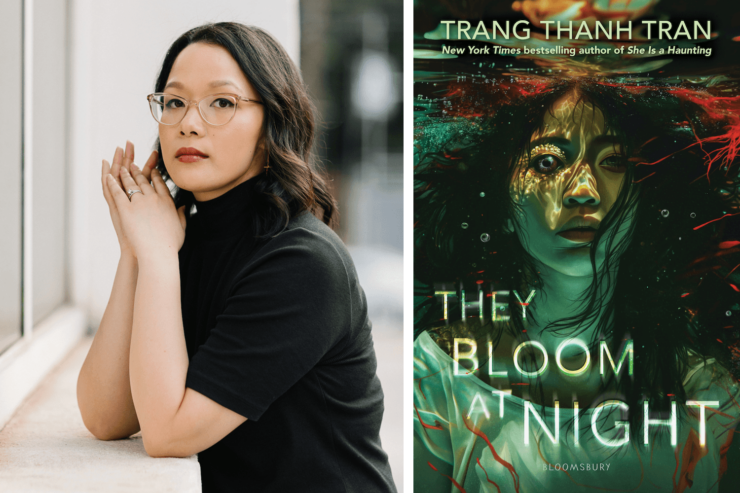 Photo of author Trang Thanh Tran and the cover of their upcoming book, They Bloom at Night