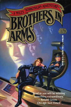 Cover of Brothers in Arms, showing Miles in a command chair, Elli Quin sitting by him with her arm leaning on his leg.