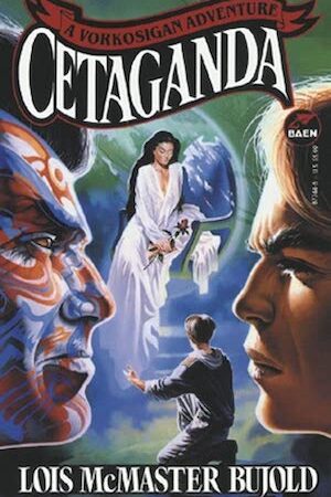 Cover of Cetaganda by Lois McMaster Bujold, showing Miles Vorkosigan in profile facing a Cetagandan ghem-lord. Between their faces is Miles (again), kneeling in front of a haut lady holding a flower.
