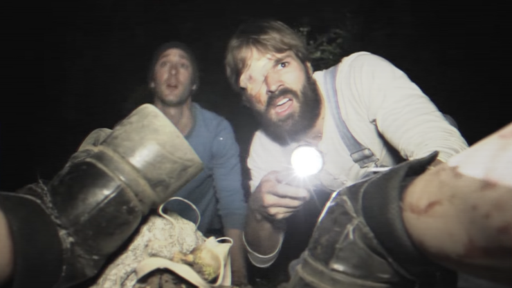 Screenshot from Chupacabra Territory, showing two characters shining a flashlight and looking terrified