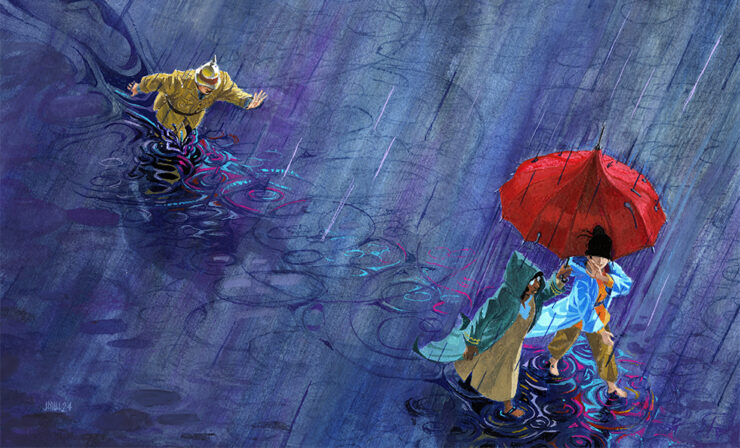 An illustration of two cloaked women walking in the rain, while a man in a pith helmet hurries after them.