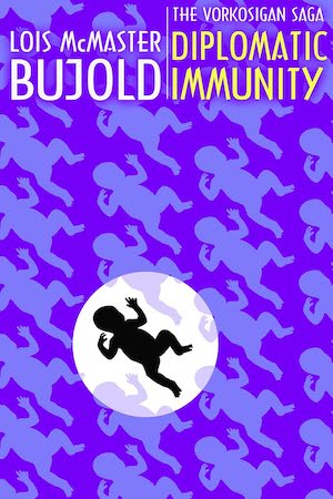 Cover of Diplomatic Immunity by Lois McMaster Bujold, showing a black baby in a white circle, with several identical but blue babies against a purple background.