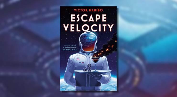 Cover of Escape Velocity by Victor Manibo, showing a person in a spacesuit carrying a serving plater with gambling chips and a black cocktail with black smoke pluming from it. The faceplate shows a reflected image of a large space habitat.
