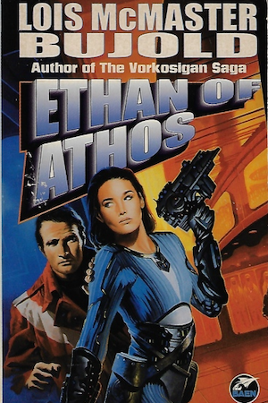 Cover of Ethan of Athos, showing Elli Quin holding a weapon, Ethan standing behind her