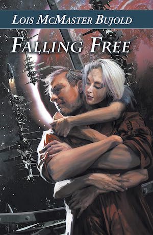 Cover of Falling Free by Lois McMaster Bujold, showing Silver (a quaddie) hugging a man (Leo Graf" with all four arms.