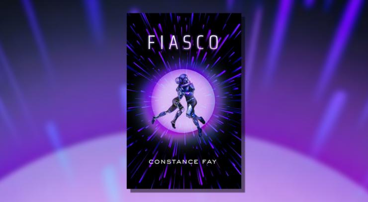 Cover of Fiasco, showing two people wearing sleek metallic outfits embracing against the background of a purple star.