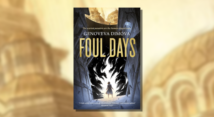 Cover of Foul Days by Genoveva Dimova, showing a figure standing at the edge of a tunnel, with black demon-like shapes surrounding it.