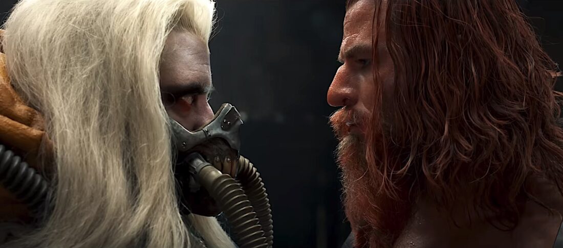 Immortan Joe (Lachy Hulme) and Dementus (Chis Hemsworth) face off in a scene from Furiosa: A Mad Max Saga