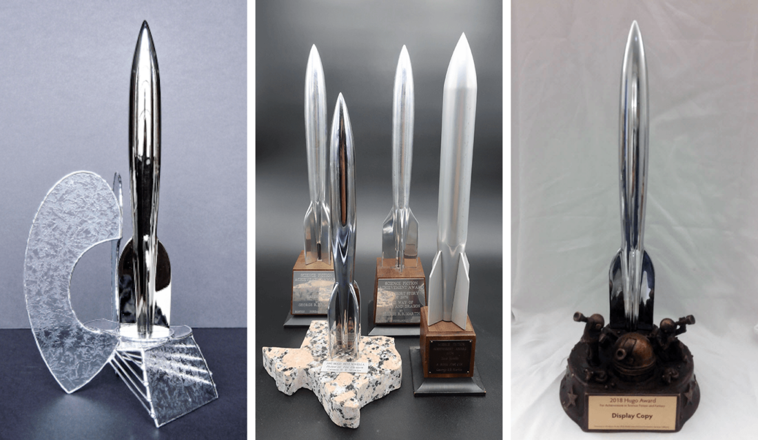 Composite photo showing six different versions of the Hugo Award statue