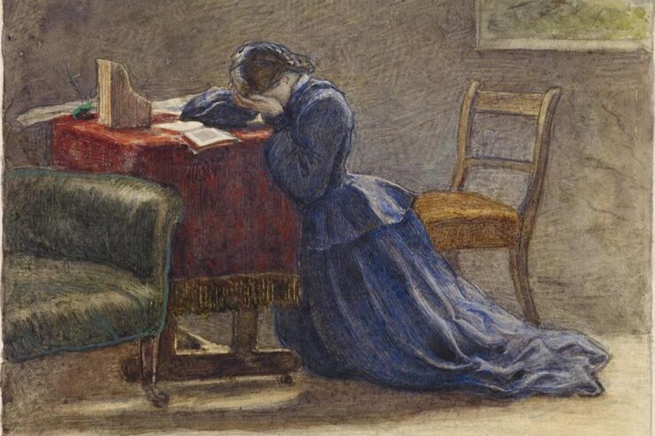 Illustration of a woman weeping, kneeling at a desk with her head down near an open book.