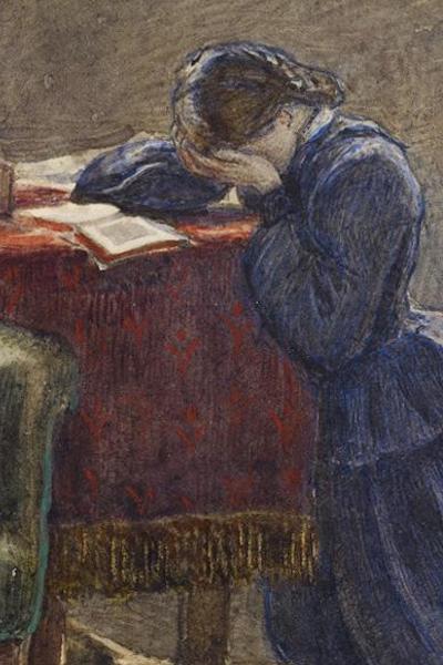Selection from "A Wife" by John Everett Millais": Illustration of a woman weeping, kneeling at a desk with her head down near an open book.
