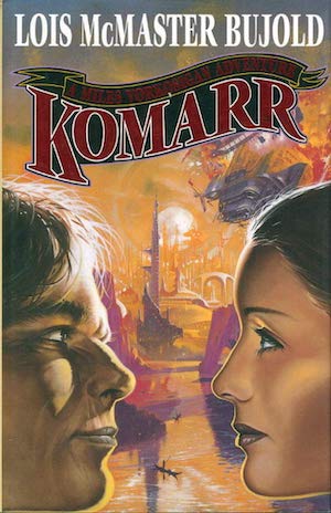 Cover of Komarr by Lois McMaster Buhjjold, showing Miles and Ekaterin in profile facing each other.