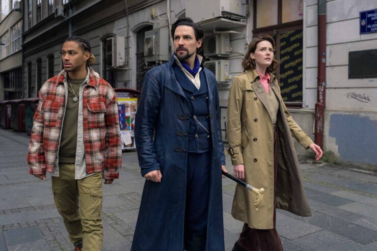 The Librarians: The Next Chapter -- Image Number: LIB101_1310r -- Pictured (L-R): Bluey Robinson as Connor Green, Callum McGowan as Vikram Chamberlain, Olivia Morris as Lysa Pascal --